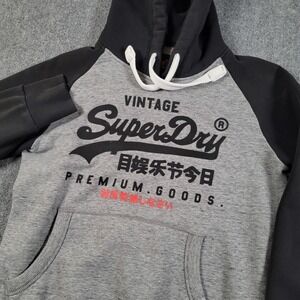 Superdry Hoodie Mens Large Gray Black Vintage Logo Fleece Pullover Japan